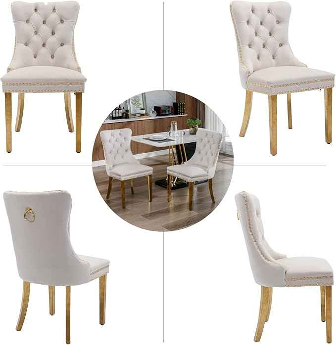Beige Velvet Dining Room Chairs Set of 2, Upholstered Dining Chairs with Back Ring Pull Trim and Golden Stainless Steel Legs,Modern Kitchen Chairs for Dining Room,Living Room,Kitchen(Beige)