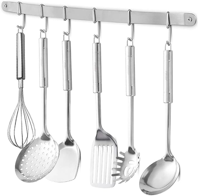 Stainless Steel Kitchen Utensil Racks Holder Hanging Rail Organize Pots Pans Kitchen Knife Gadgets On Wall Mounted Hanger Bar Rail Under Cabinet Shelf (6 Hook,17")