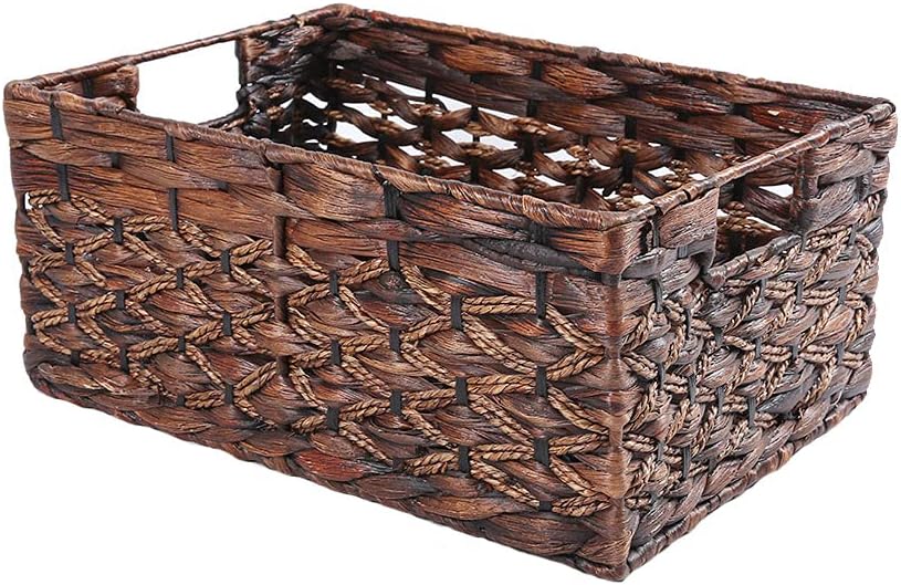 Rectangular Wicker Storage Basket, Dark Water Hyacinth Basket With Inside Handles Shelves Kitchen Office Desk (Large)