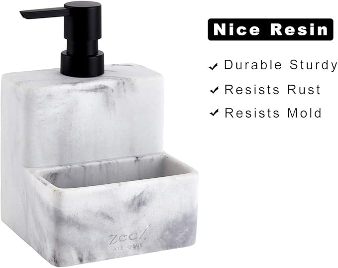 zccz Soap Dispenser with Sponge Holder, Marble Look Liquid Hand and Dish Soap Dispenser Pump Bottle and Sponge Holder 2 in 1 for Kitchen Sink Bathroom Counter Storage and Organization