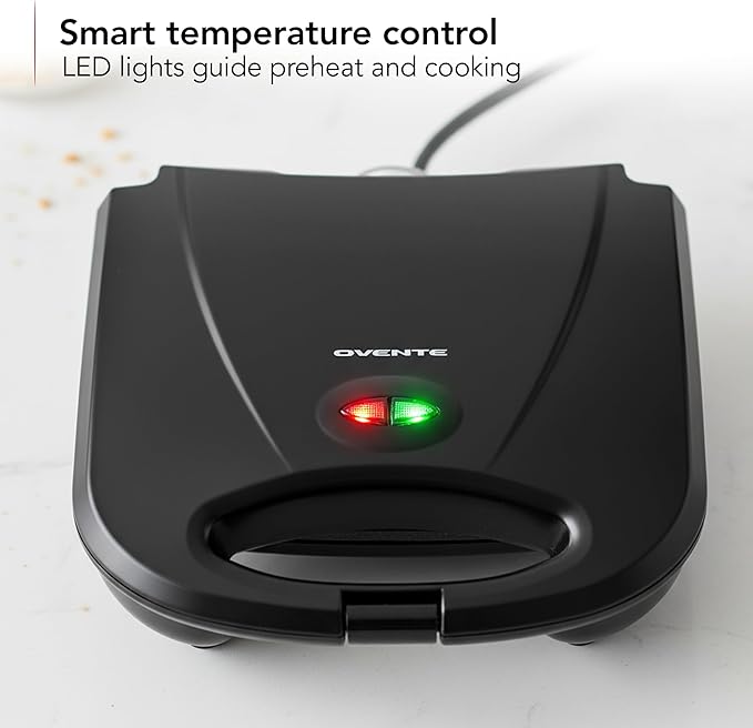 OVENTE Electric Panini Press Grill with Nonstick Plates, LED Indicator Lights, Thermostat Control, Compact Sandwich Maker Perfect for Cooking Breakfast, Steaks, Eggs Snacks & More, Copper GP0110CO
