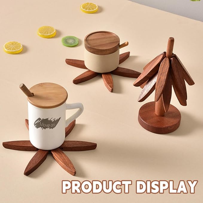 Natural Foldable Black Walnut Wooden Trivet Set - 4 Trivets + 1 Stand for Hot Dishes, Pot, Bowl, Teapot, Hot Pot Holders (White ﻿)