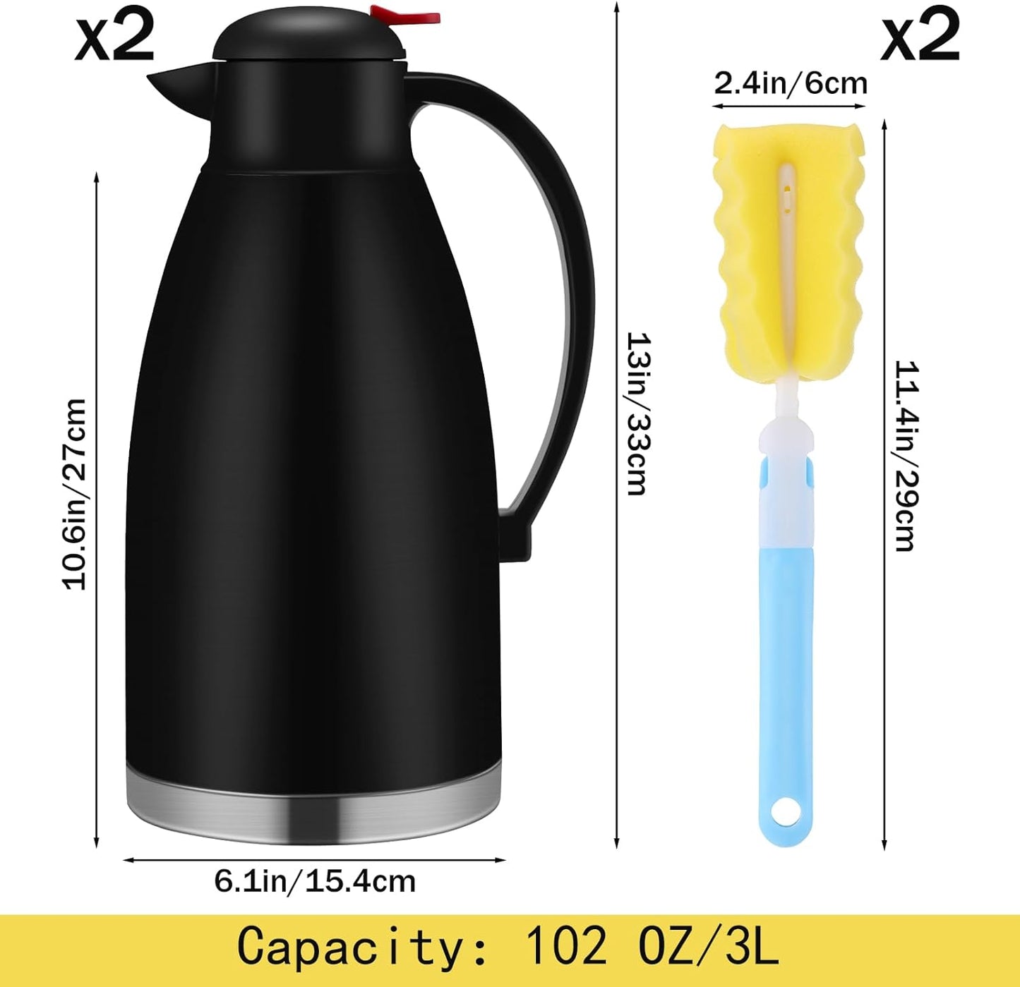 Nuogo 2 Pcs 102 oz Thermal Coffee Carafe Insulated Stainless Steel Carafe Double Walled Vacuum Coffee Thermal Pot with Brush for Home Office Use Keep 24 Hours Hot Water Tea(Black)