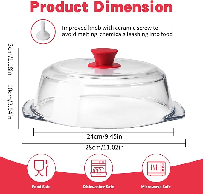 [Upgrade] FikaNook Glass Microwave Splatter Cover for Food with Silicone Handle & Ceramic Screw, 100% Food Grade, BPA Free, Dishwasher Safe