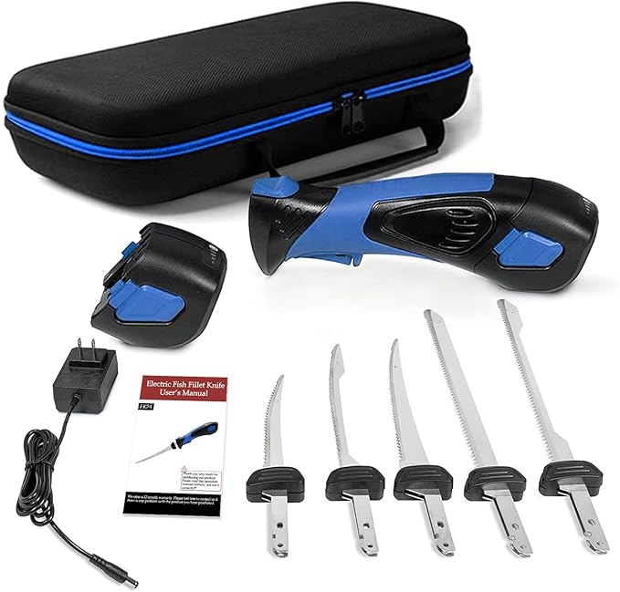 Cordless Electric Fillet Knife - 5 Ti-Nitride Coated Non-Stick Blades, Ergonomic Non-Slip Grip Handle & Cooling Vent Stylish with Carry Bag,Perfect Electric Knife for Cutting Board Effortless Fishing (Blue)