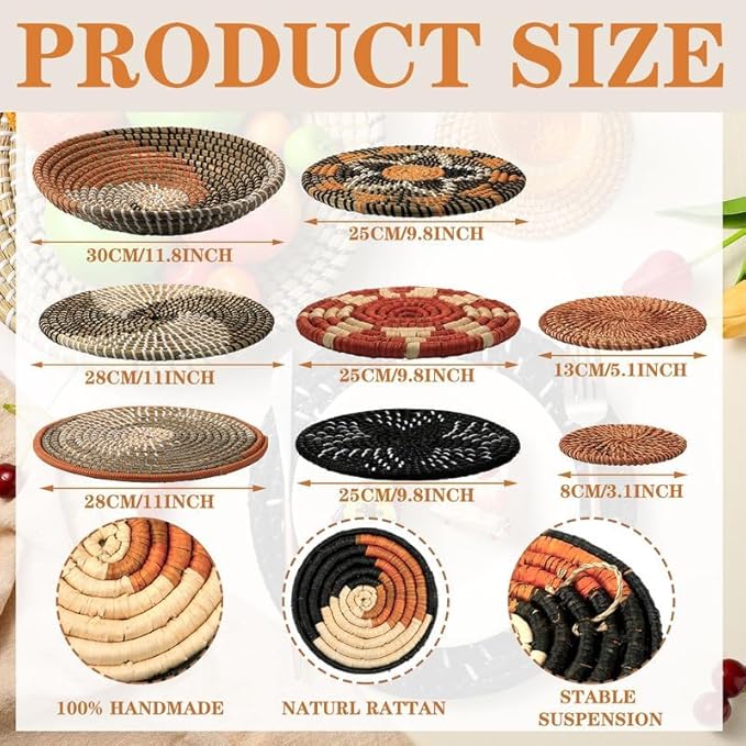 Tatuo 11 Pcs Boho Wall Basket Decor Bulrush Woven Wall Hanging Art Round Farmhouse Rustic Handmade Wicker for Summer Home, Bedroom, Living Room, Kitchen Decorations, Multi Sizes(Classic)