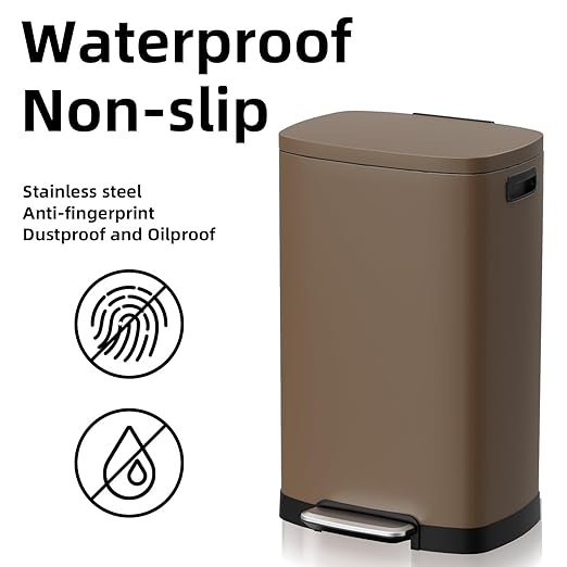 KdbK 13 Gallon Trash Can with Lid, 50L Fingerprint Proof Stainless Steel Kitchen Trash Can with Removable Inner Bucket and Lid Soft Close, Pedal Rubbish Bin for Home Office, Brown