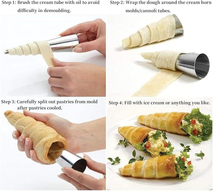 Cream Horn Molds, 16 Pack 5 Inch Pastry Roll Molds with Piping Bags Reusable, Cleaning Brush, Long Cream Icing Piping Nozzle Baking Accessories Tool for Mum and Baker