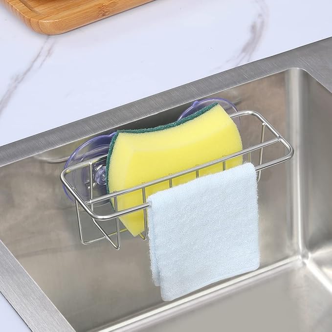TESOT Sink Caddy Sponge Holder for Kitchen Sink Dish Cloth Hanger 2 Suspension Options(Suction Cups and Adhesive Hook), SUS304 Stainless Steel, Silver