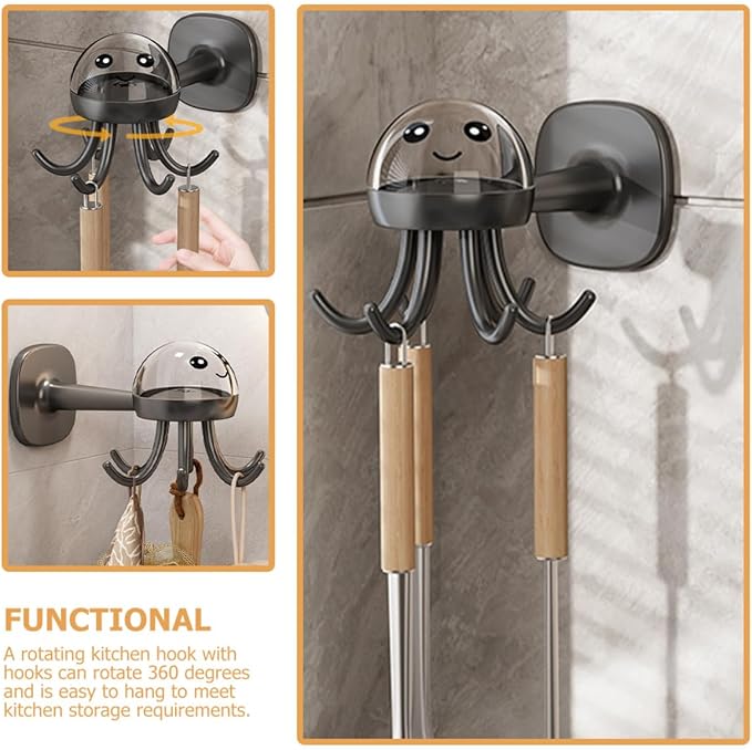 Beaupretty Rotating 6-Claw Utensil Hook Wall Mounted Kitchen Organizer Rack, Punch-Free Lightweight Black Storage Hanger for Cooking Tools and Utensils