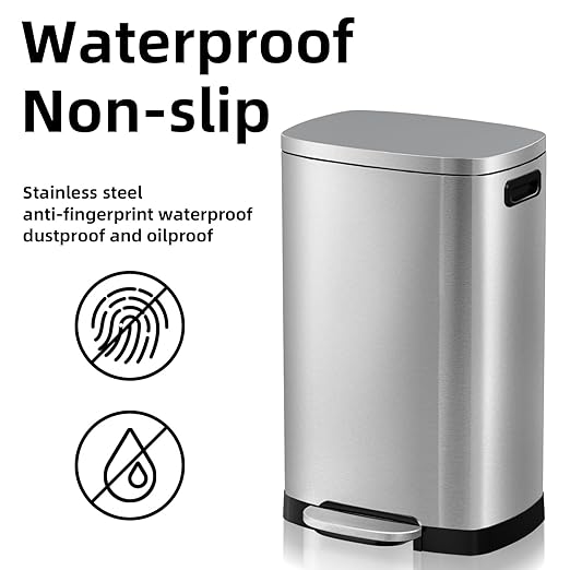 KdbK 13 Gallon Trash Can with Lid, 50L Fingerprint Proof Stainless Steel Kitchen Trash Can with Removable Inner Bucket and Lid Soft Close, Pedal Rubbish Bin for Home Office