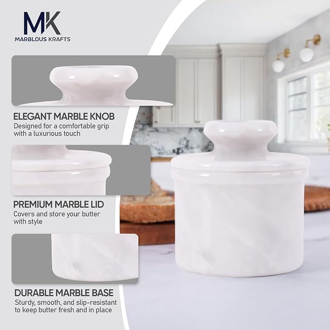 Butter Keeper 4.25 Inches White Handmade Marble Covered Butter Dish with Lid for Countertop, French Butter Crock for Soft Butter Spreader, Perfect Mother’s Day Gift, Kitchen Storage