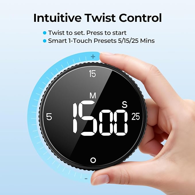 USB Rechargeable Magnetic Kitchen Timer for Cooking, Building 800mAh Battery Large Display Digital Countdown Countup Timer, 3 Preset 5/15/25 Mins Loud Alarm for Baking Grilling Studying