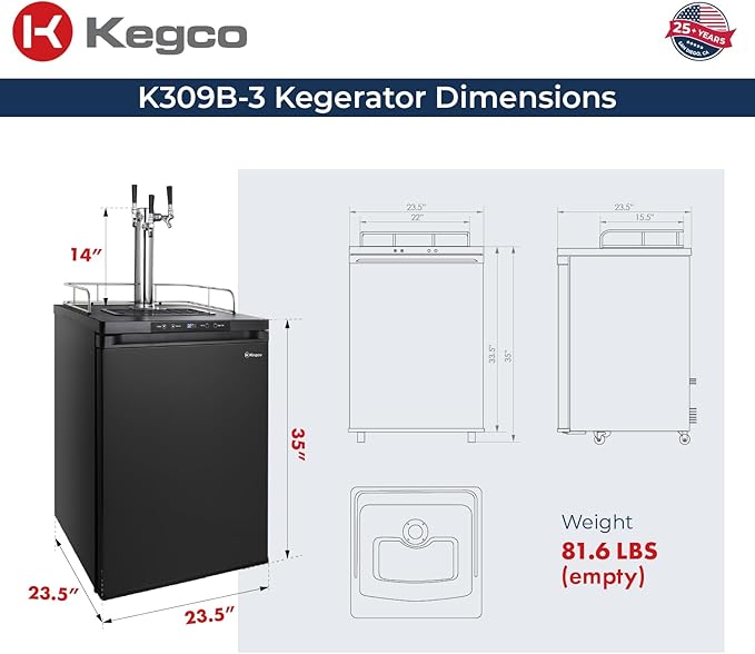 Kegco Kegerator 24" Wide Triple Tap Black Digital Beer Dispenser K309B-3