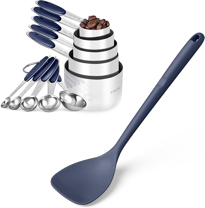 U-Taste 18/8 Stainless Steel Measuring Cups and Spoons Set of 10 and 600ºF Heat Resistant 13.76" Long, 3.63" Wide Wok Spatula for Kitchen Stir Fry (Midnight Blue)