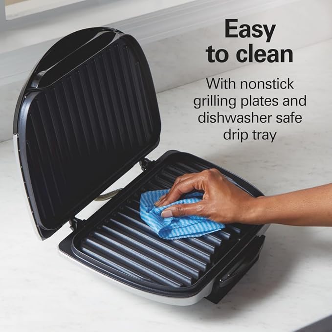 Hamilton Beach Electric Indoor Grill,6-Serving,Large 90 sq. in. Nonstick Easy Clean Plates,Floating Hinge for Thicker Foods,1200 Watts,6.38"D x 12.68"W x 13.78"H,Silver (25371),(Pack of 2)