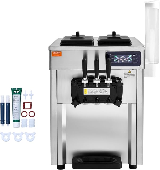VEVOR Commercial Ice Cream Machine, 18-28 L/H Yield, 1850W 3-Flavor Countertop Soft Serve Ice Cream Maker, 2 x 5.5L Stainless Steel Cylinder, LED Panel Auto Clean Pre-cooling, for Restaurant Bars