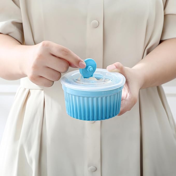 vancasso 8 oz Ramekins with Lid, Porcelain Creme Brulee Souffle Dishes, Blue Pudding Custard Cups Ramiken for Baking, Dishwasher and Oven Safe, Set of 6