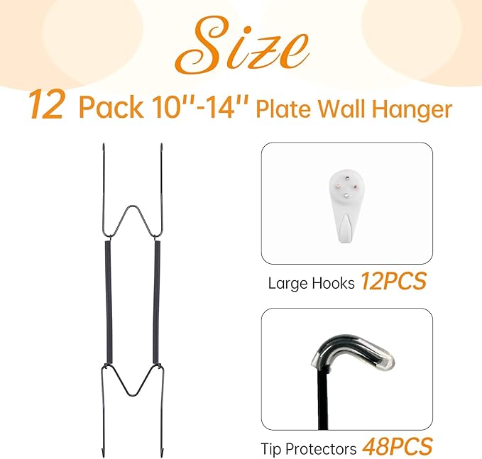 Bilillo 12 Pack Plate Hangers for The Wall, Suitable for 10-14 Inch Decorative Plate,Invisible Heavy Duty Wire Plate Holder with Wall Hooks, Plate Hangers for Displaying Plates, Platter, Dish (Black)
