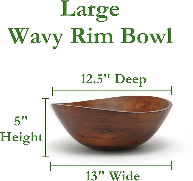 Lipper International 294 Cherry Finished Wavy Rim Serving Bowl for Fruits or Salads, Matte, Large, 13" x 12.5" x 5", Single Bowl
