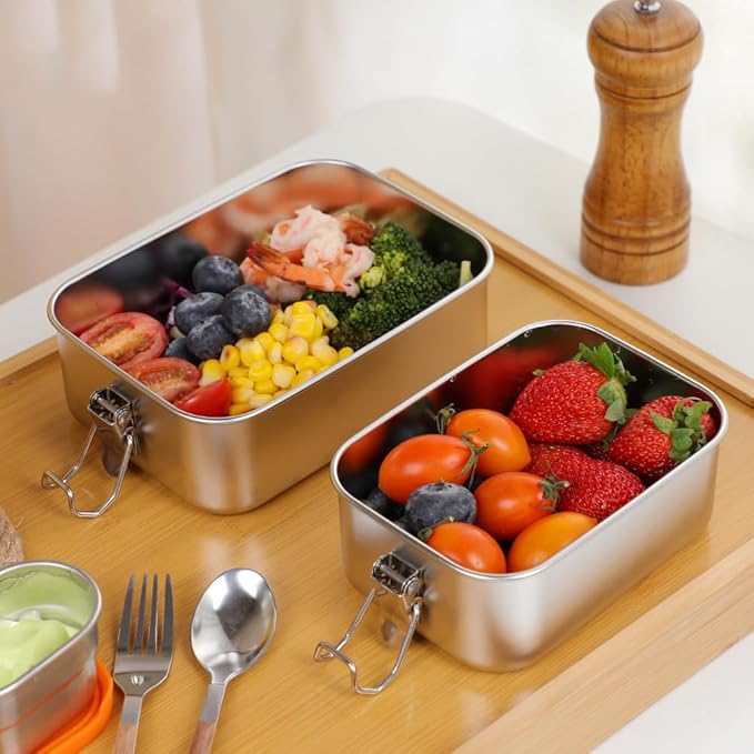 3-Pack 850ml (28.7 oz) Stainless Steel Gold Color Bento Lunch Box Containers with Lids - Waterproof Metal Food Storage - Snack Prep Trays and Tiffin Carriers