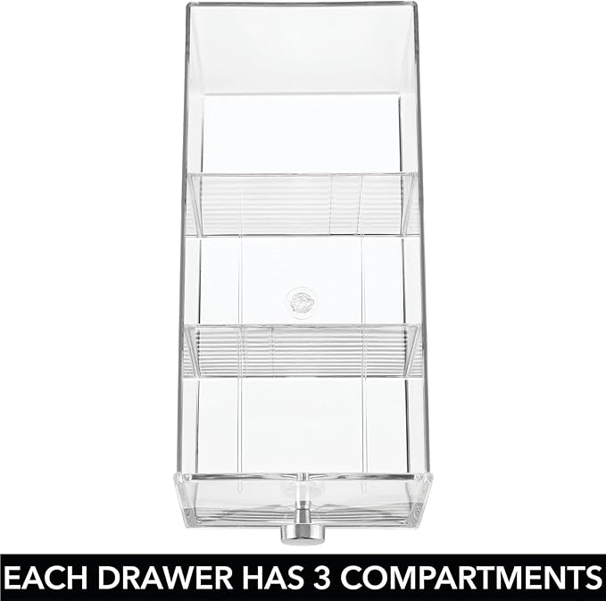 mDesign Plastic Kitchen Pantry, Cabinet, Countertop Organizer Storage Station with 3 Drawers for Coffee, Tea, Sugar Packets, Sweeteners, Creamers, Drink Pods, Packets - 3 Sections - Clear