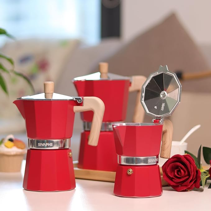 Sivaphe Aluminum Moka Pot 9 Espresso Cups, Percolator Espresso and Coffee Maker, Portable Stovetop Italian and Cuban Café Brewer for Home and Camping Red