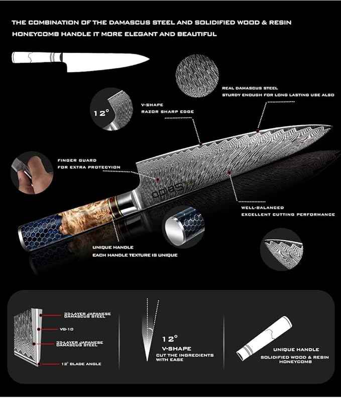 Seido Knives Hanikamu VG10 Damascus Chef Knife Set - Handcrafted Honeycomb Epoxy Resin with Stabilized Wooden Handles - Durable and Corrosion Resistant