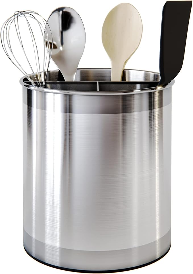 Cooler Kitchen Rotating Extra Large Stainless Steel Utensil Holder Caddy with Sturdy No-Tip Weighted Base, Removable Divider, and Gripped Insert Bottom -Dishwasher Safe Metal Cooking Utensil Holder