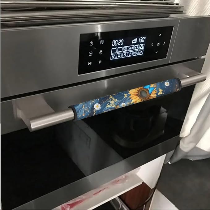 6 PCS Fridge Oven Door Handle Covers Kitchen Electrical Appliance Decor Handles Washable Fabric Indoor Decor Keep Off Stains Dust Fingerprint, Marble Sunflower Butterfly Daisy Dark Blue