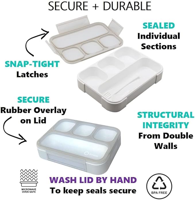 kinsho Lunch Boxes for Boys Teens Adults - Bento Box Set with Insulated Bag and Ice Pack, 4 Compartment Leak Proof Food Container, BPA-Free, Microwave Safe, Ideal for School & Work, Grey