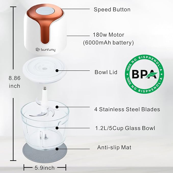 Sunfuny Cordless Food Processor, Mini Food Chopper Wireless with 5-Cup Glass Bowl, 6000mAh Battery USB-C Rechargeable Vegetable Chopper, Electric Meat Blender Garlic Grinder,Mom's Gift (Rose Gold)