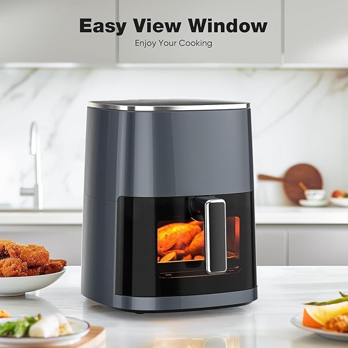 Hexago Air Fryer-6.34 QT Large Airfryer with Clear Window, 12-in-1 Air Fry, Roast, Reheat, Dehydrate, Bake, Steam with 400F, Touchscreen Controls, Gray