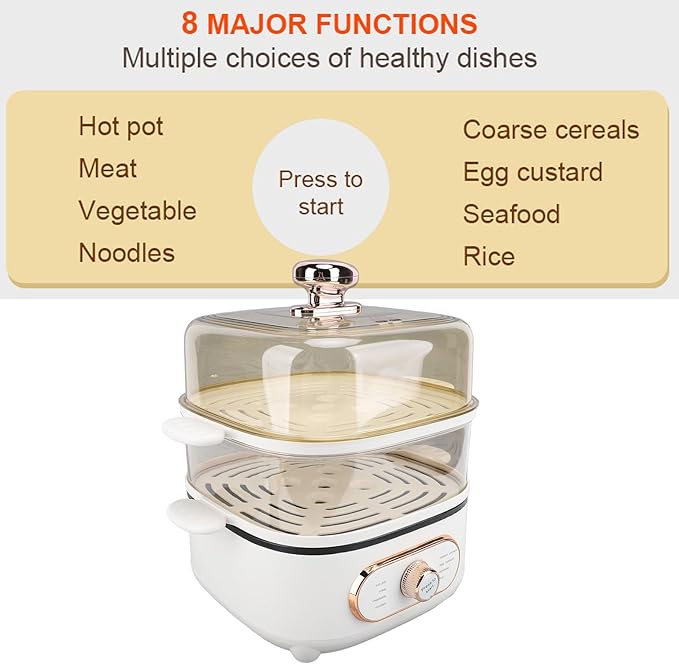 2 Tier Electric Food Steamer, 1200W Stackable Steam Cooker Electric Hot Pot Vegetable Steamer for Vegetable Seafood Soup Noodles Ramen Cooker (US)