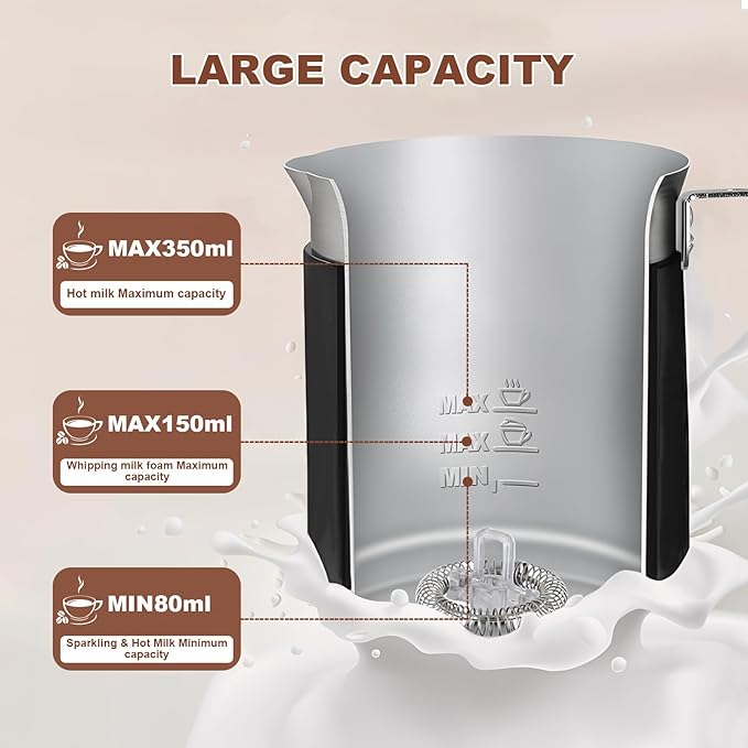 5 in 1 Electric Milk Frother Automatic Hot & Cold Foam Maker Auto Shut-Off Milk Warmer Silent Operation Fast Frothers with Comfortable Handle for Cappuccino, Hot Chocolate (Black)