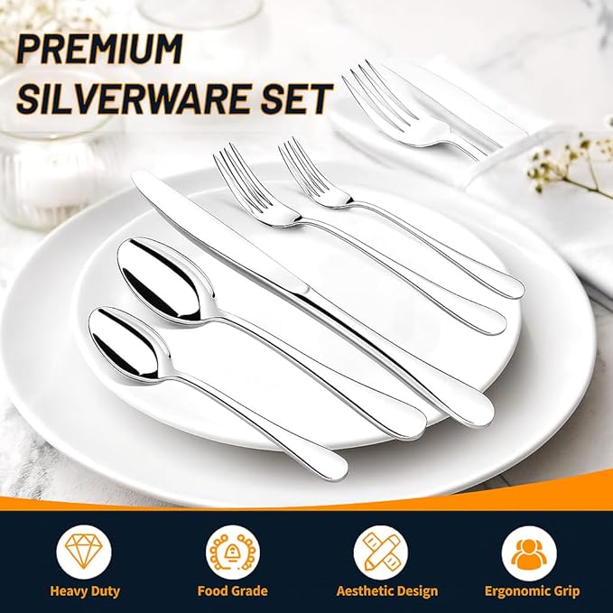 NICE KITCHEN Silverware Set, 40 Piece Stainless Steel Cutlery Sets for 8, Heavy Duty Flatware, Mirror Polished Forks Spoons and Knives Set, Reusable Utensils for Home Kitchen, Dishwasher Safe