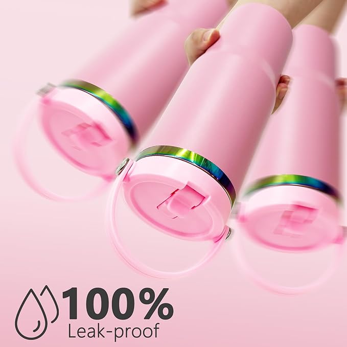 30 oz Tumbler with Handle and Straw, Vacuum Insulated Tumblers with Flip Straw and Top Handle, Leakproof Powder Coated Tumbler, Stainless Steel Travel Mug for Coffee Water((Pink)