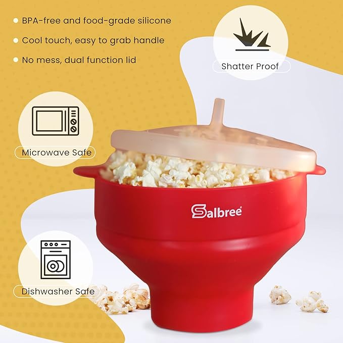 The Original Salbree Collapsible Silicone Microwave Popcorn Popper Maker Machine, Microwavable Bowl Holds 16 Cups, Uses Hot Air and Oil Always Optional - The Most Colors Available (Clear Blue)