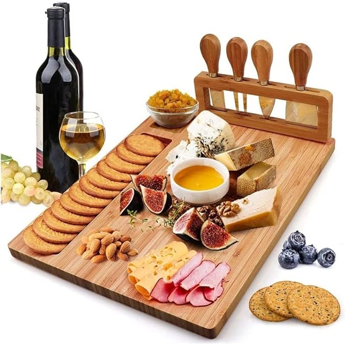 Grafken Bamboo Cheese Board Set, Wooden Cheese Board Set, Charcuterie Plate, and Serving Meat Board, Cutting Board, Suitable for Fruits, Biscuits, Bread (Size : 36 * 29 * 1.5cm)