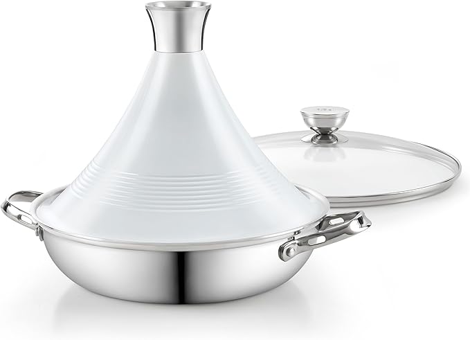 DM Tagine Pot, 11 Inch 3.6 Quart Moroccan Clay Tagine Pot Alternative, Multi-Ply Clad Stainless Steel, Traditional Cooking Pot with Die-Cast Aluminum White Conical Lid and Stainless Steel Knob