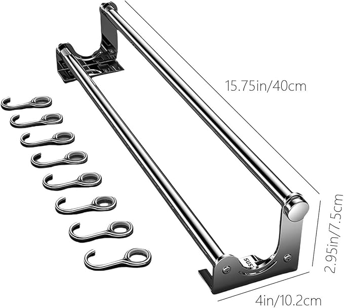 Kitchen Utensil Hanger, Adhesive Kitchen Utensil Rack Holder Wall Mount, 304 Stainless Steel Pots and Pans Hanging Rack with 8 Sliding Hooks, Space Saving and No Drilling, Gray