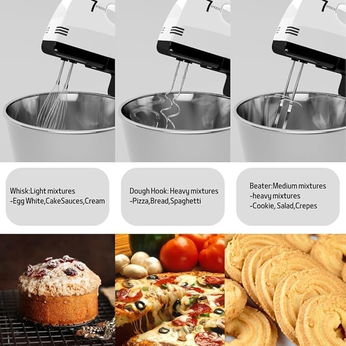 Stand Mixers, 7 Speeds With 3QT Stainless Steel Bowl, Stand and Hand Mixer with Dough Hook, Whisk, Mixing Beater for Baking, Cake, Cookie, Kneading (VL1)