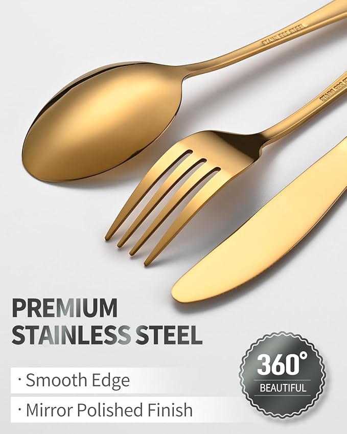 60 Piece Gold Silverware Set - Service for 20, Stainless Steel Flatware Cutlery Set Include Knife Spoon Fork, Mirror Polished Gold Utensils for Wedding, Restaurant, Home, Dishwasher Safe