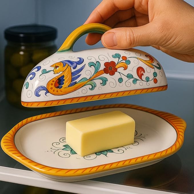 Deruta Italy Raffaellesco Butter Dish | 1 Piece 8.5 x 4 x 4.5 Inch| Handcrafted & Handpainted Italian Ceramics | Authentic Pottery Handmade Kitchen Container Display Renaissance Art Home Decor Gift