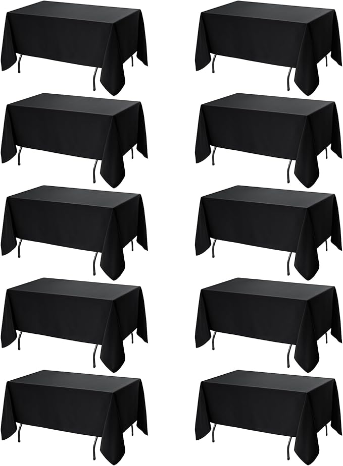 10-Pack Black Tablecloths for Rectangle Tables, 70 x 108 Inches, Stain-Resistant Polyester Fabric for 6 Foot Tables - Washable Table Covers for Weddings, Banquets, Birthday Parties, Events