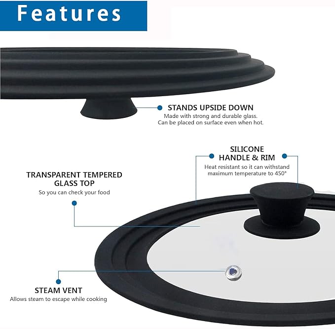 Universal Lids for Pots, Pans & Skillets - Fits 11", 12" and 12.5" Diameter Cookware, Tempered Glass with High Heat Resistant Silicone Rim, Dishwasher Safe.