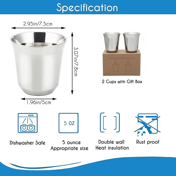 Easyworkz Stainless Steel Espresso Cup 2pcs Set Double Wall 5 oz, Bundled Espresso Steaming Pitcher Stainless Steel 15 oz Coffee Frothing Picther Milk Jug Cappuccino Latte Art Cup