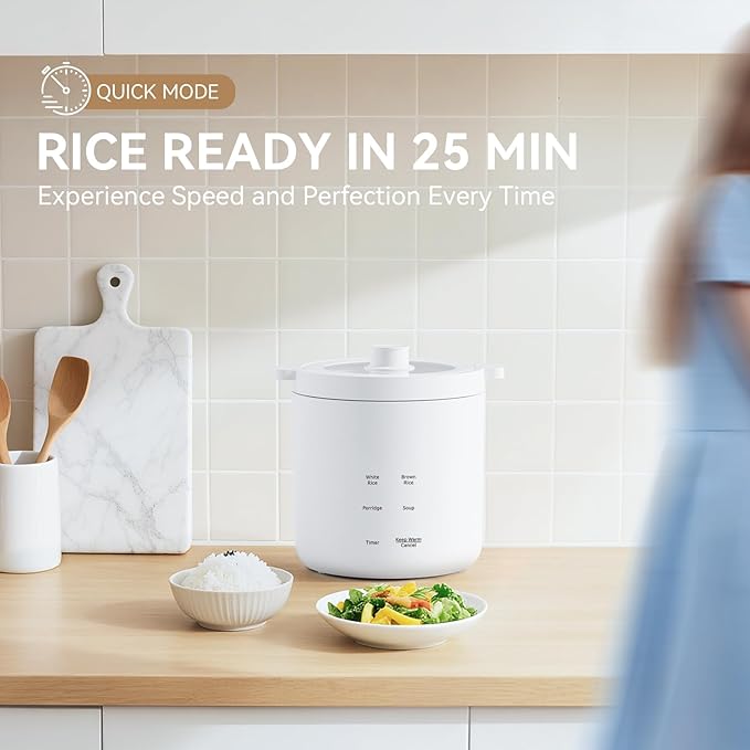 olayks Mini Rice Cooker, Small Electric Cooker 2 Cup Uncooked with 4 Cooking Functions, Ceramic Rice Cooker with 24 Hour Preset, Heat Preservation, Anti Scald Carry Handle