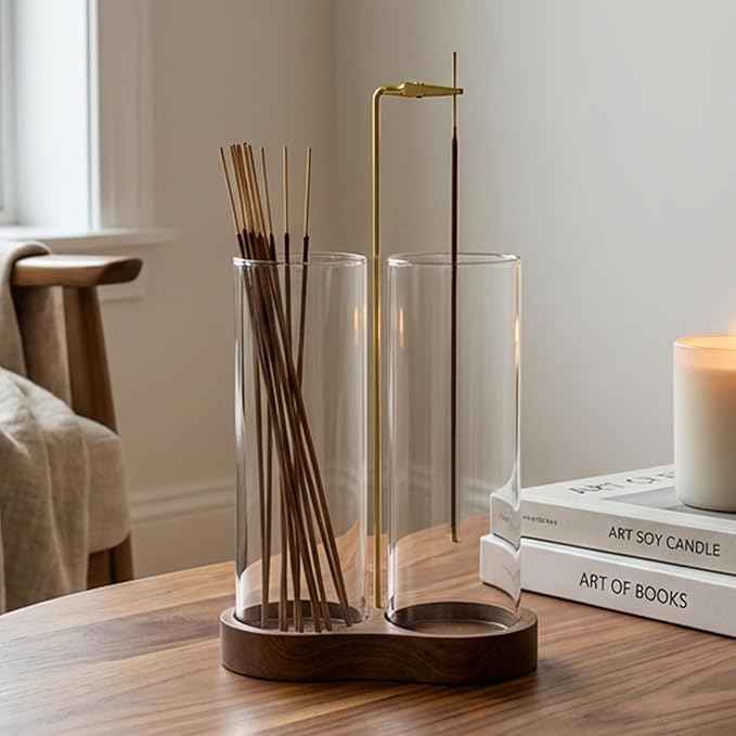 Incense Holder, 2 in 1 Wooden Incense Holder for Sticks with 20 Incense Sticks, Anti-ash Incense Burner with Glass Ash Catcher (2 Glass Ellipse Base)