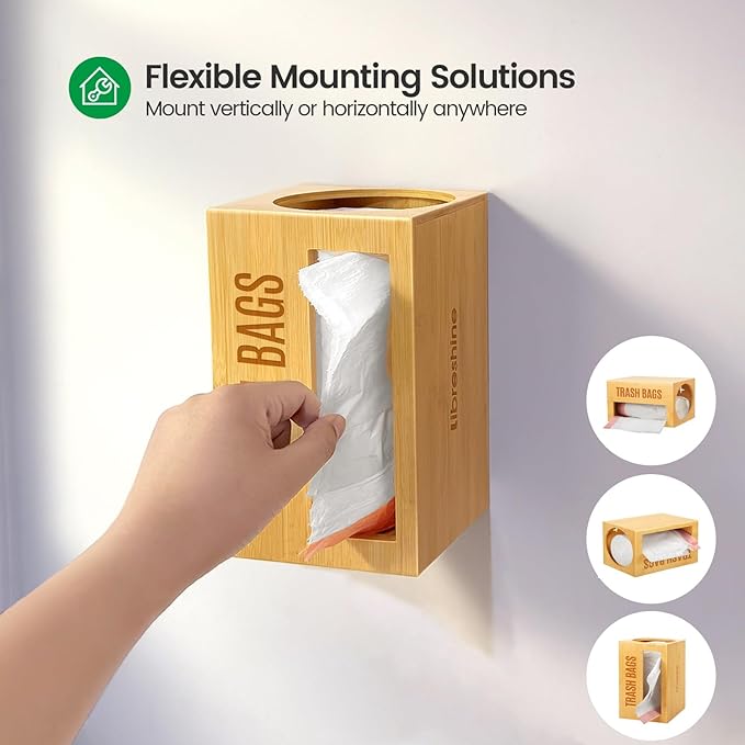 Bamboo Garbage Bag Dispenser Roll Holder - Wall Mount Trash Bag Organizer for 13-33 Gallons, Under Sink Kitchen Grocery Bag Storage Container, Not Suitable for Large Roll
